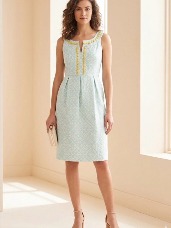 Maggy London Dresses & Skirts - Maggy London Light Blue Jacquard Sheath Dress with Yellow Trim